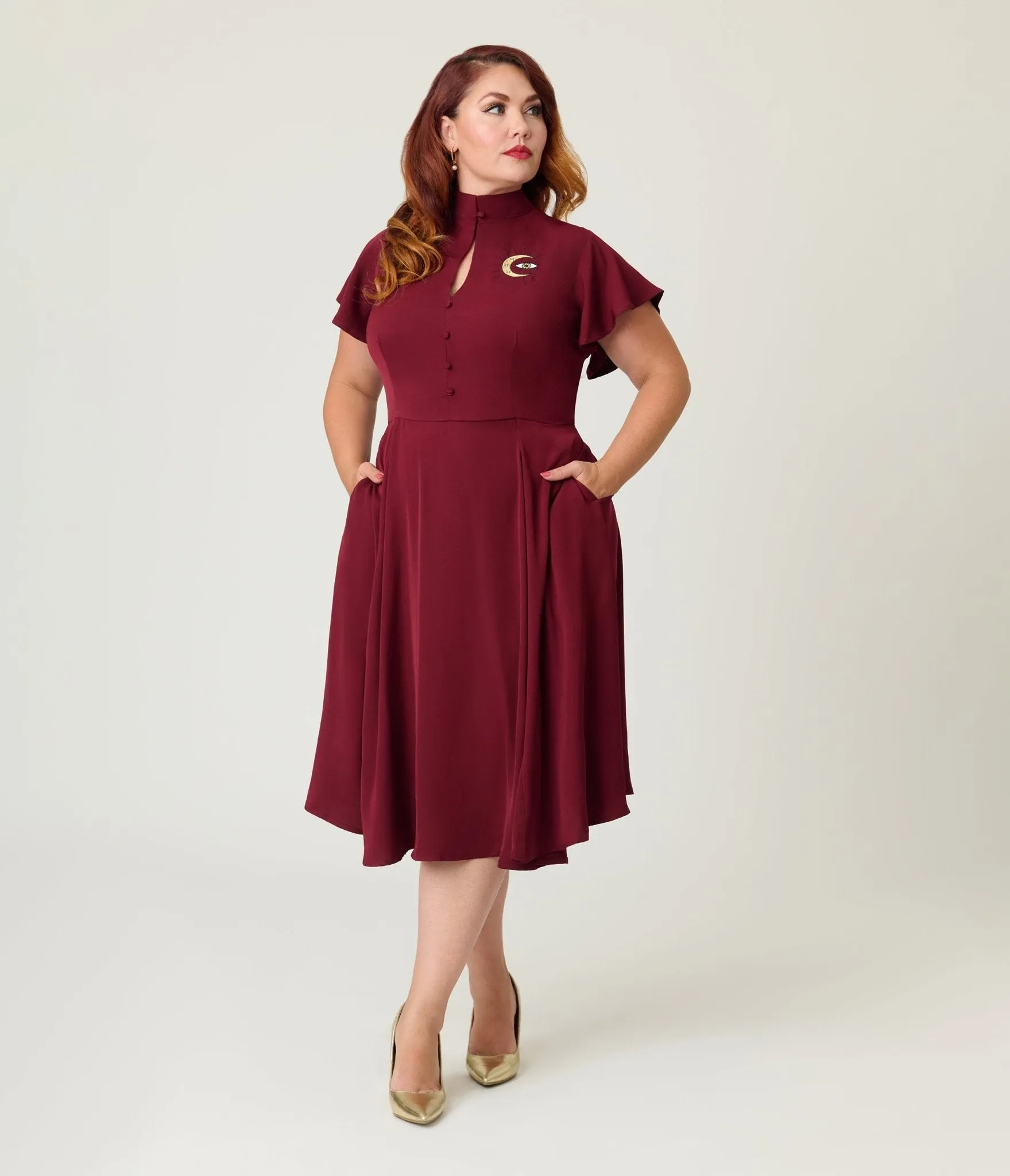Unique Vintage Plus Size Burgundy Evil Eye Baltimore Swing Dress Casual Everyday Look
