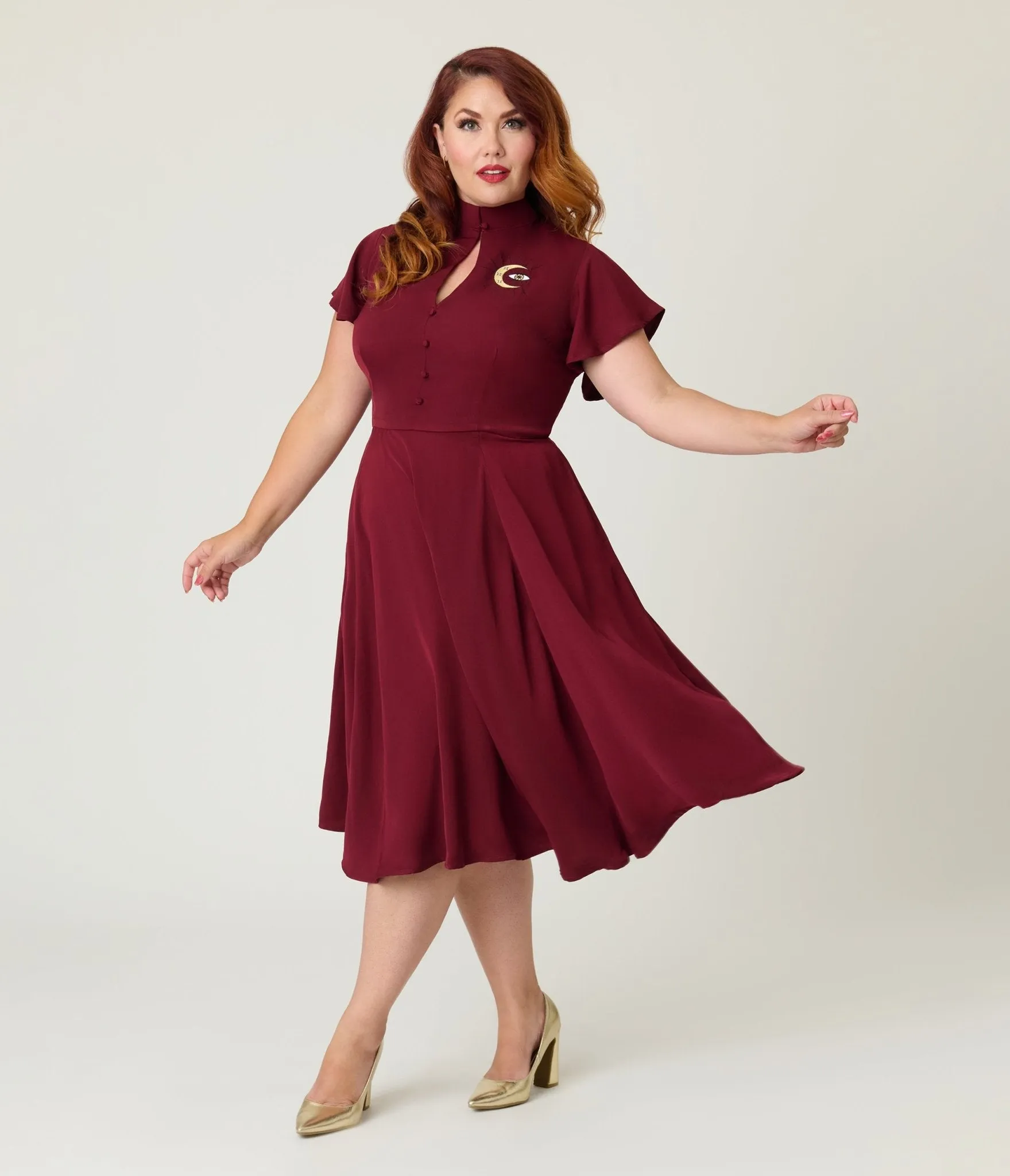 Unique Vintage Plus Size Burgundy Evil Eye Baltimore Swing Dress Casual Everyday Look