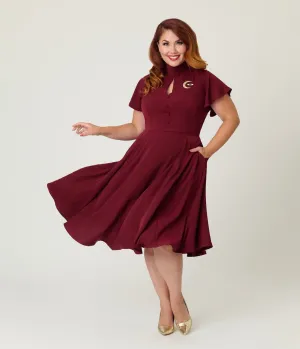Unique Vintage Plus Size Burgundy Evil Eye Baltimore Swing Dress Casual Everyday Look