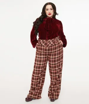 Unique Vintage Plus Size Burgundy Plaid Double Belt Woven Pants Comfortable Travel Wear