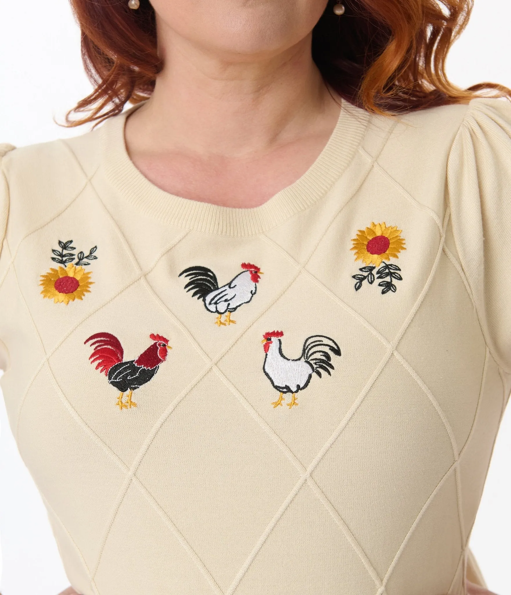 Unique Vintage Plus Size Cream Chicken Embroidered Sweater Easy Date Night