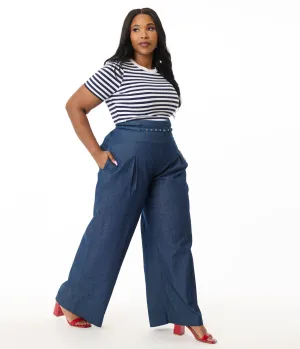Unique Vintage Plus Size Denim Wide Leg Pleated Pants Comfortable Travel Wear