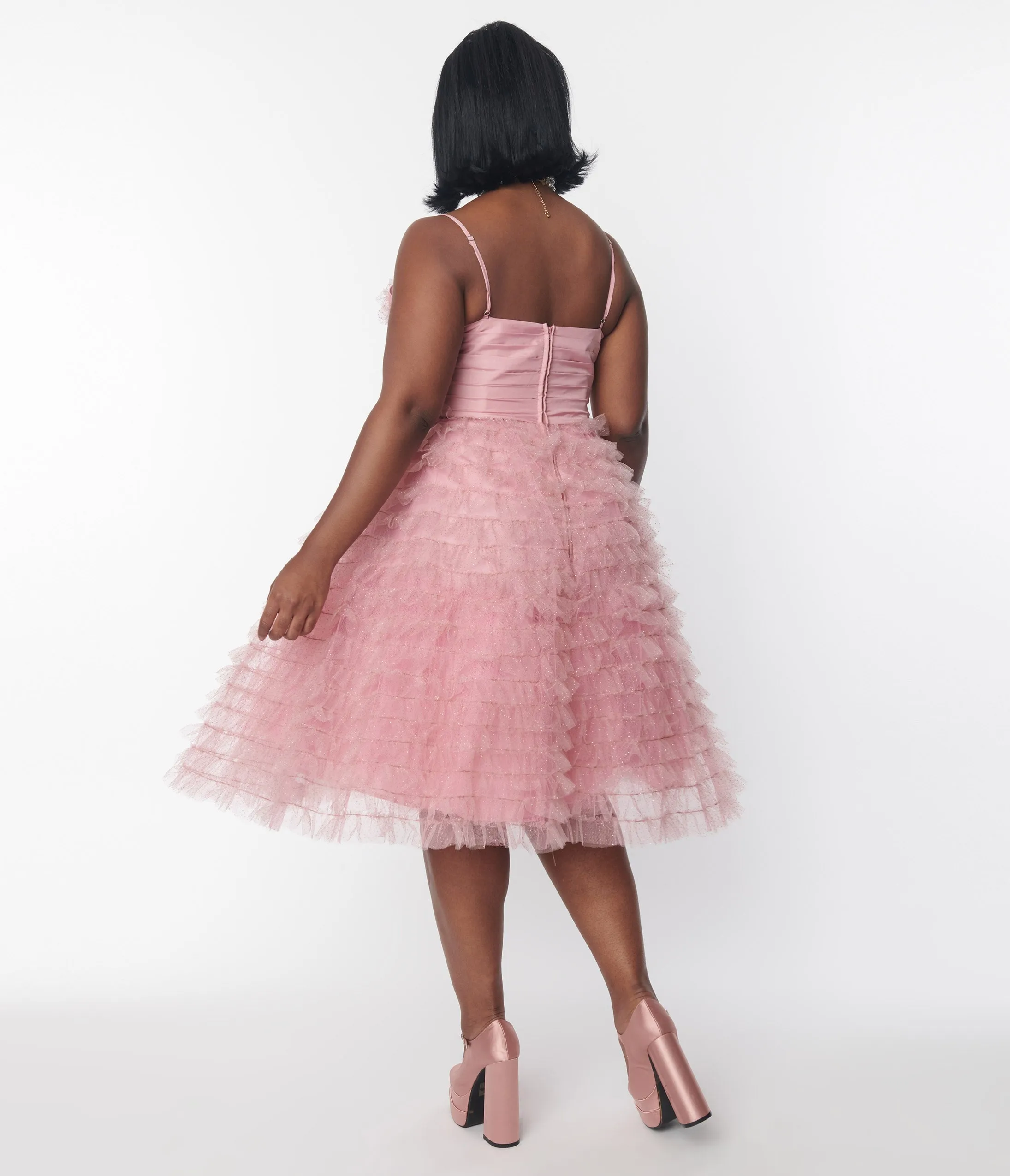 Unique Vintage Plus Size Dusty Rose Glitter Tulle Cupcake Swing Dress Casual Everyday Look