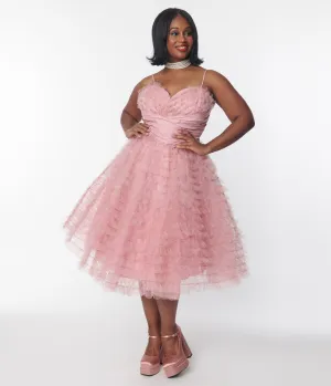 Unique Vintage Plus Size Dusty Rose Glitter Tulle Cupcake Swing Dress Casual Everyday Look