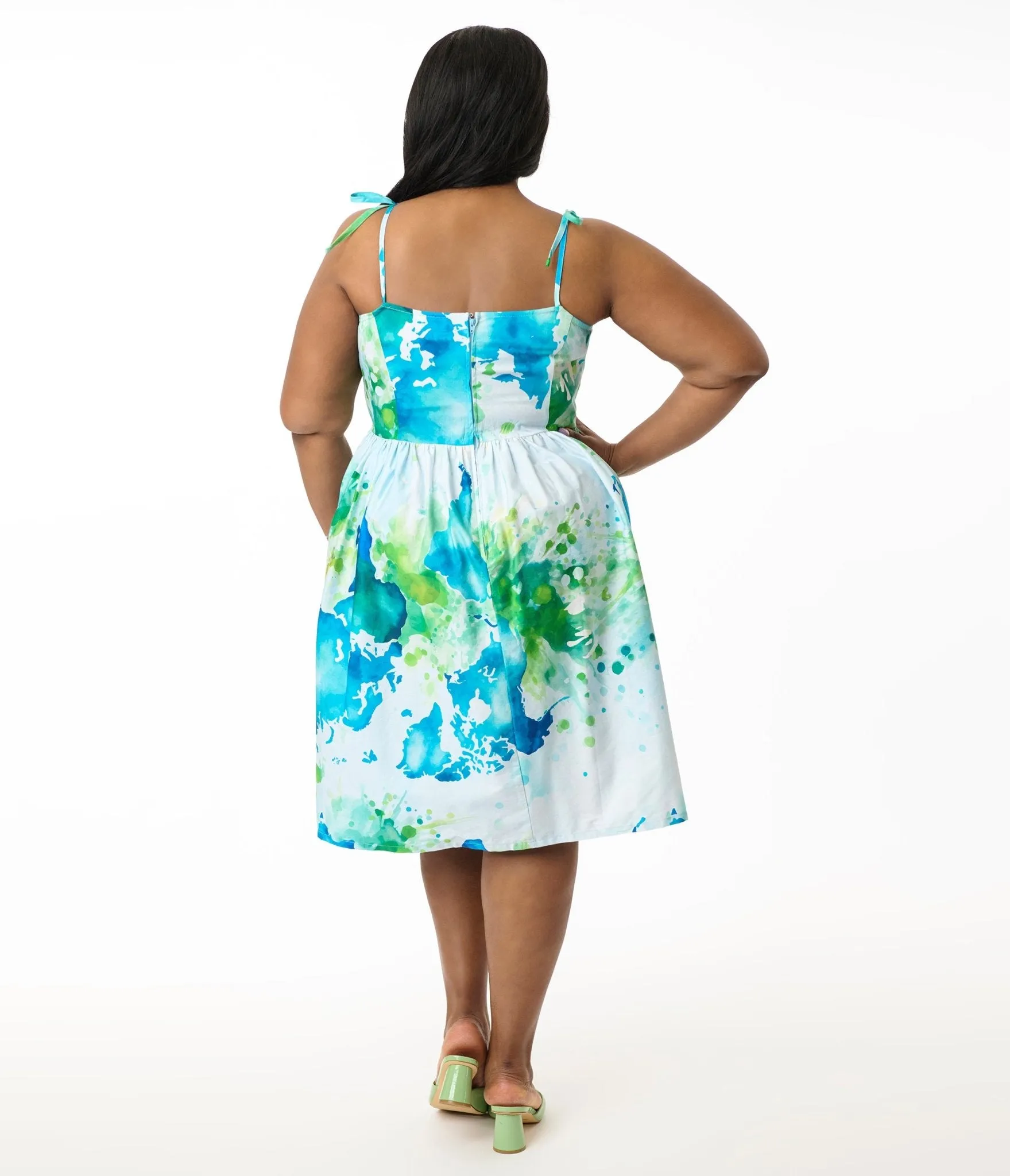 Unique Vintage Plus Size Earth Map Print Cotton Bobbie Swing Dress Casual Everyday Look