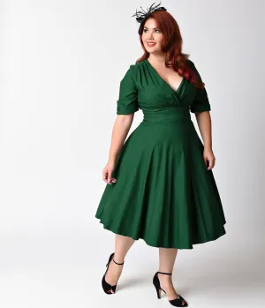 Unique Vintage Plus Size Emerald Green Delores Swing Dress with Sleeves Casual Everyday Look