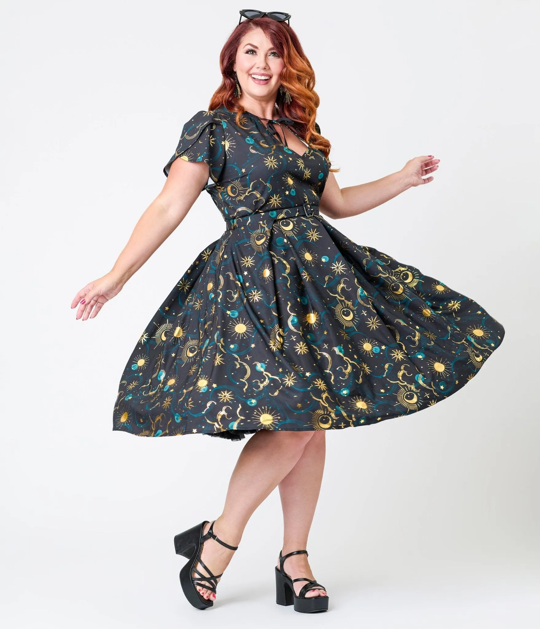 Unique Vintage Plus Size Gold Foil Celestial Dahlia Swing Dress Casual Everyday Look