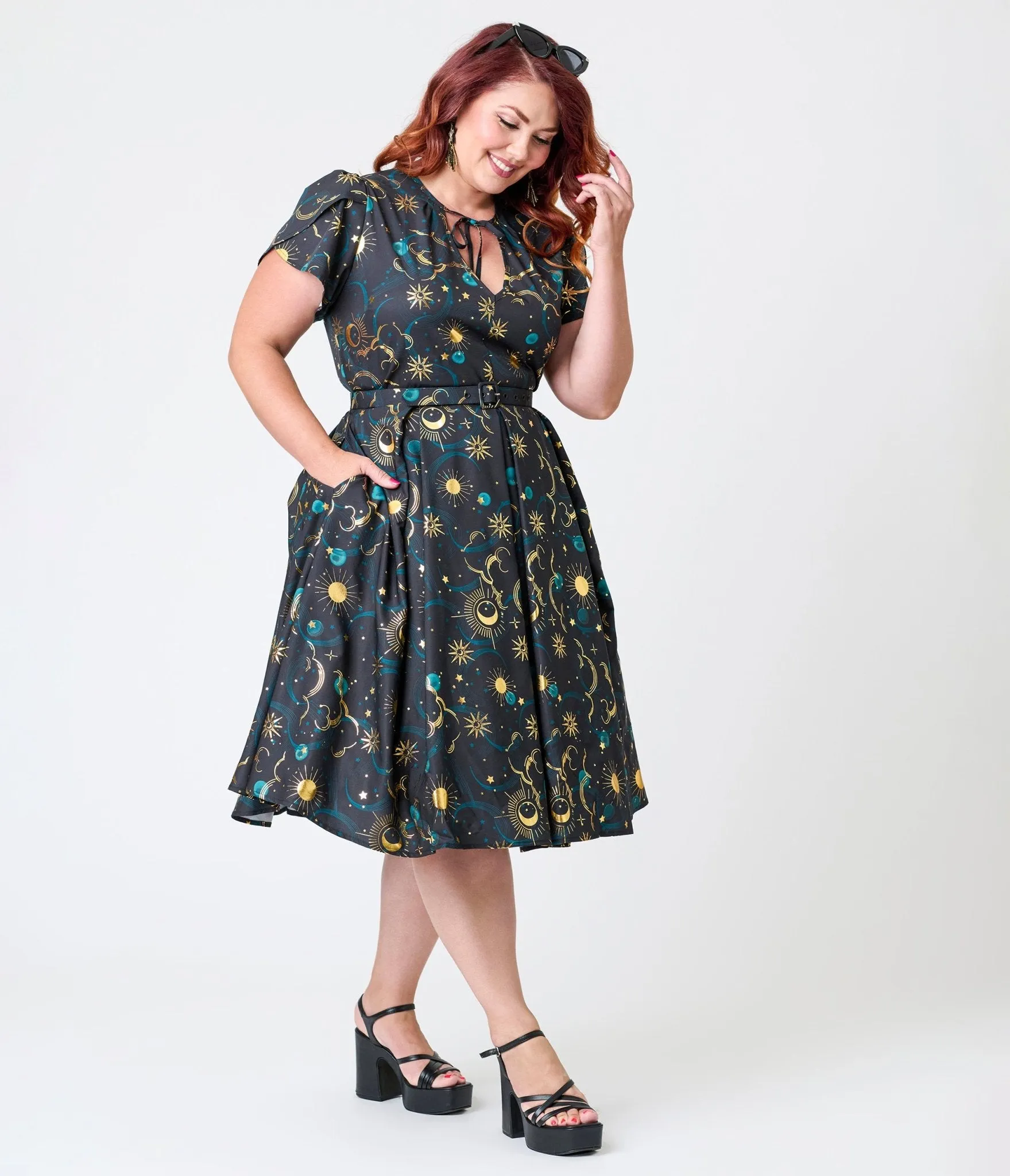 Unique Vintage Plus Size Gold Foil Celestial Dahlia Swing Dress Casual Everyday Look