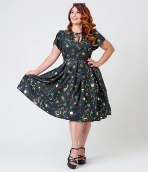 Unique Vintage Plus Size Gold Foil Celestial Dahlia Swing Dress Casual Everyday Look