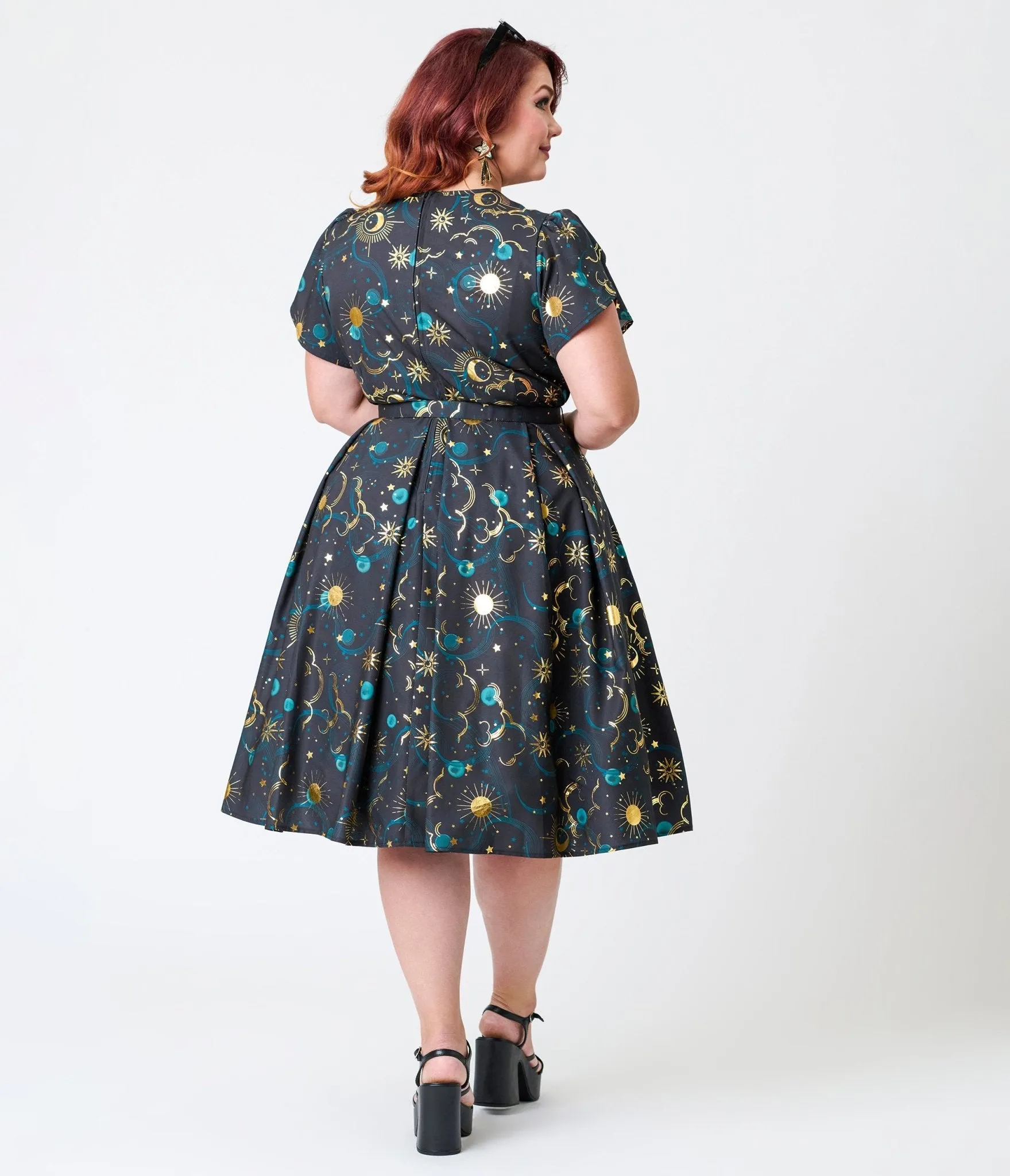 Unique Vintage Plus Size Gold Foil Celestial Dahlia Swing Dress Casual Everyday Look