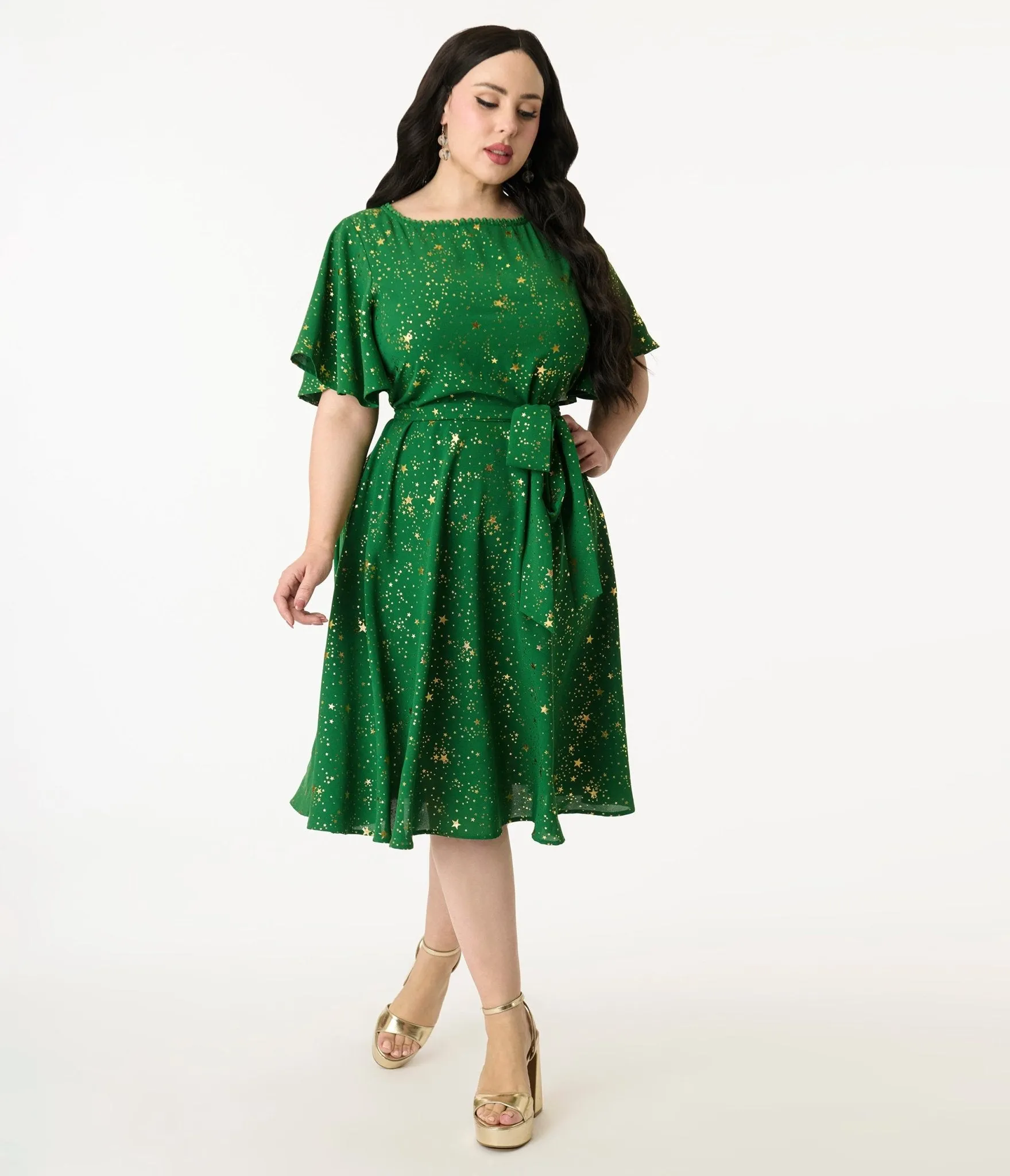 Unique Vintage Plus Size Green & Gold Star Swing Dress Casual Everyday Look