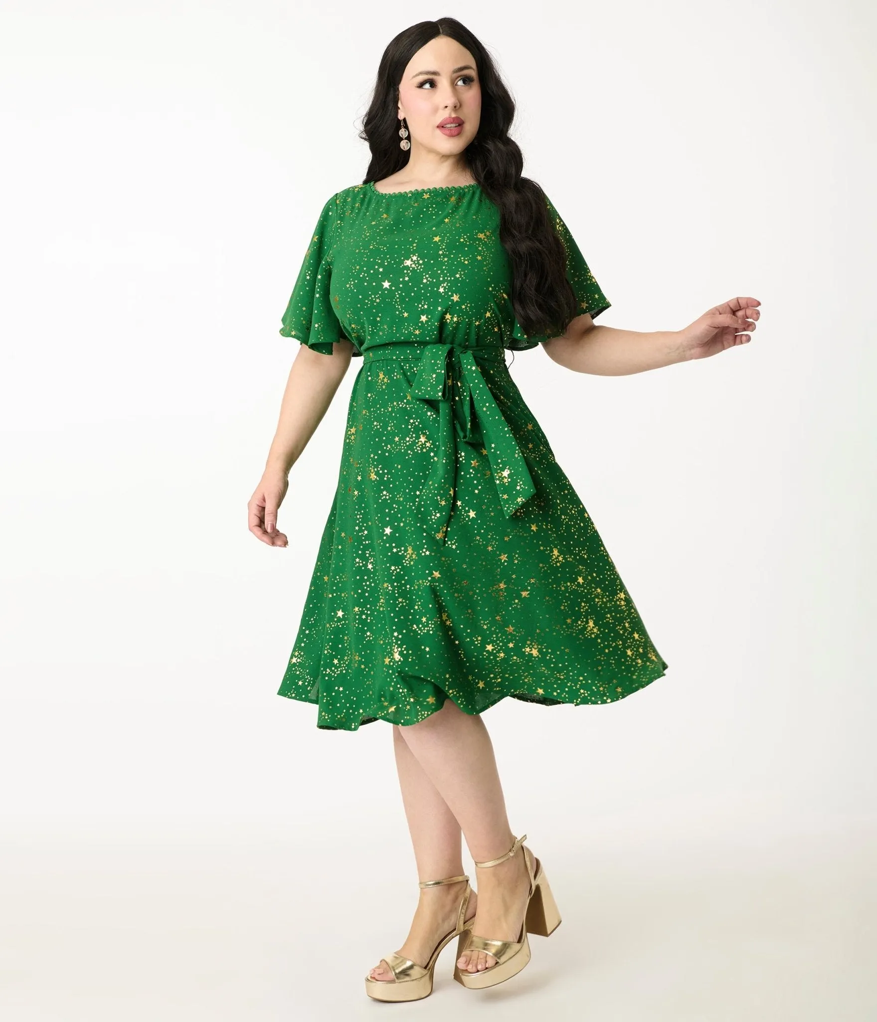 Unique Vintage Plus Size Green & Gold Star Swing Dress Casual Everyday Look