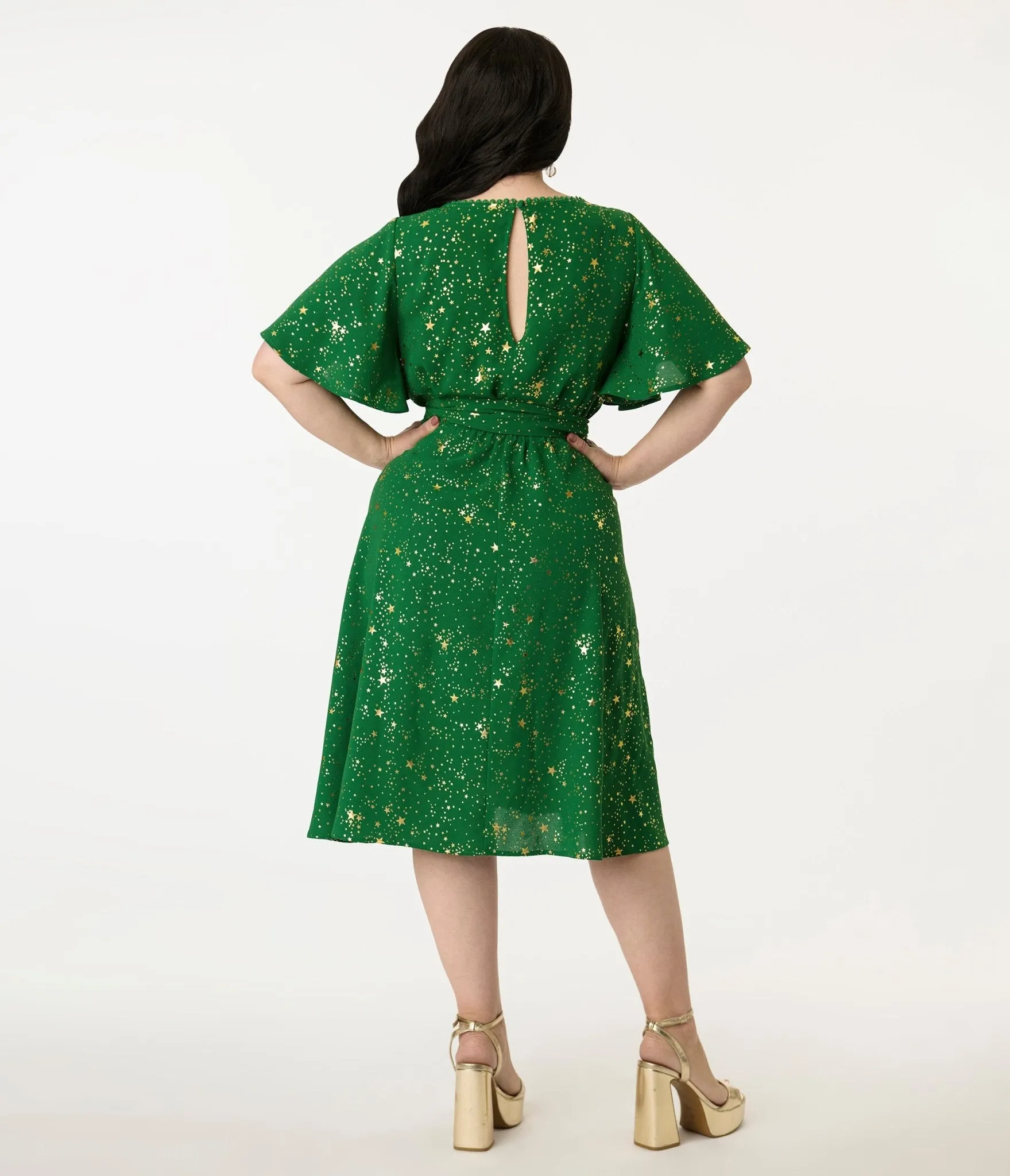 Unique Vintage Plus Size Green & Gold Star Swing Dress Casual Everyday Look