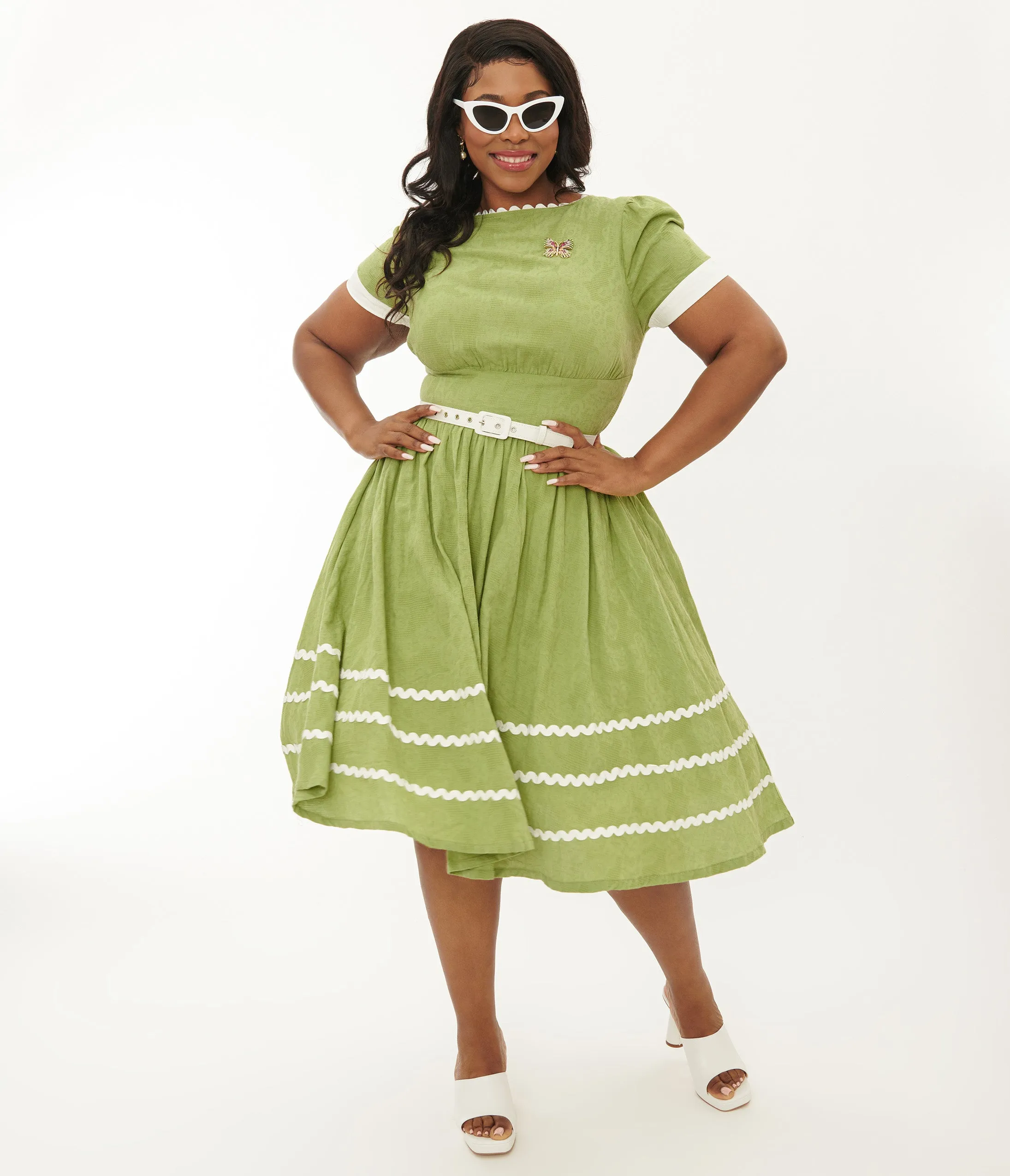 Unique Vintage Plus Size Green & White Butterfly Brooch Swing Dress Casual Everyday Look