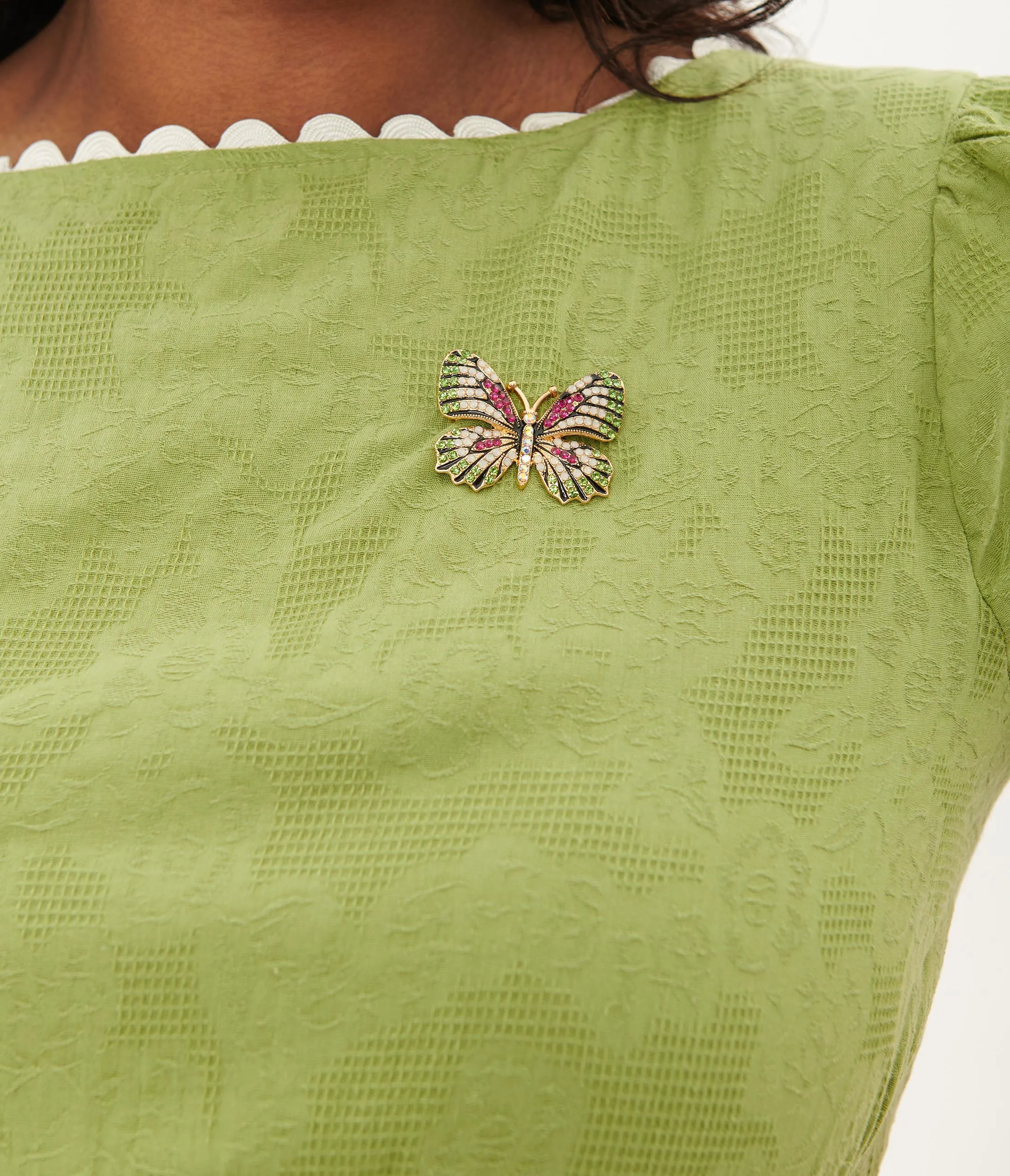 Unique Vintage Plus Size Green & White Butterfly Brooch Swing Dress Casual Everyday Look