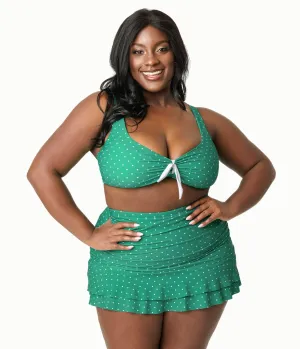 Unique Vintage Plus Size Green & White Pin Dot Alice Swim Skirt Beach Vacation Ready