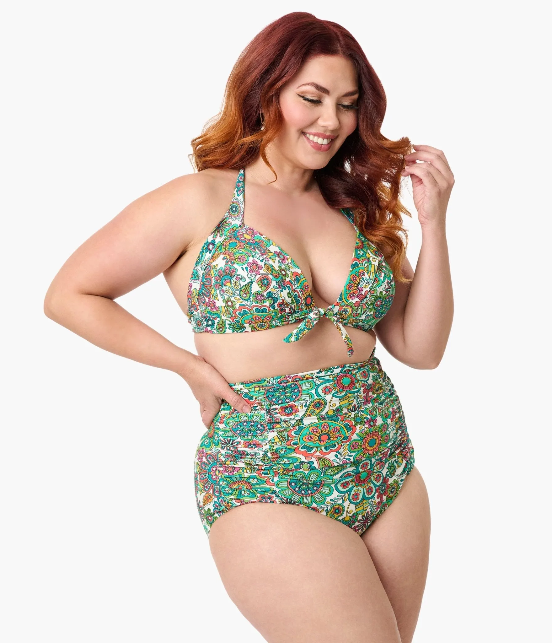 Unique Vintage Plus Size Green Kaleidoscope Monroe Halter Swim Top Beach Vacation Ready