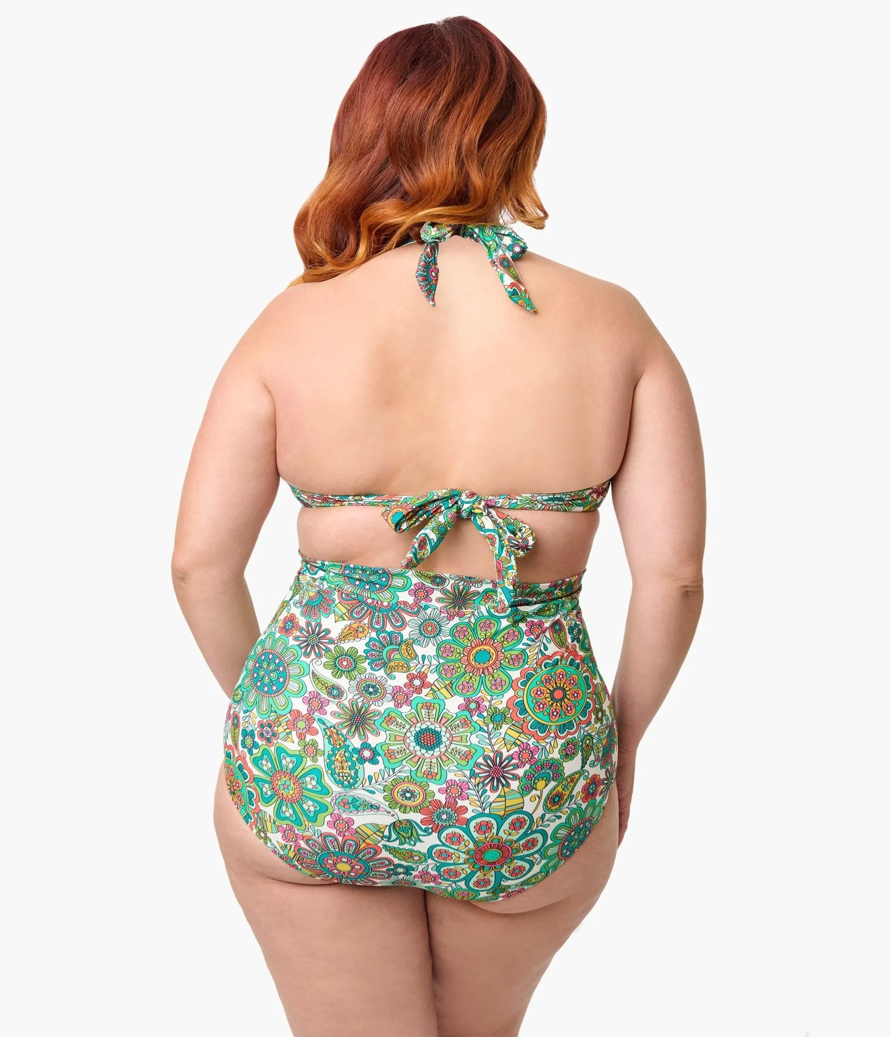 Unique Vintage Plus Size Green Kaleidoscope Monroe Halter Swim Top Beach Vacation Ready