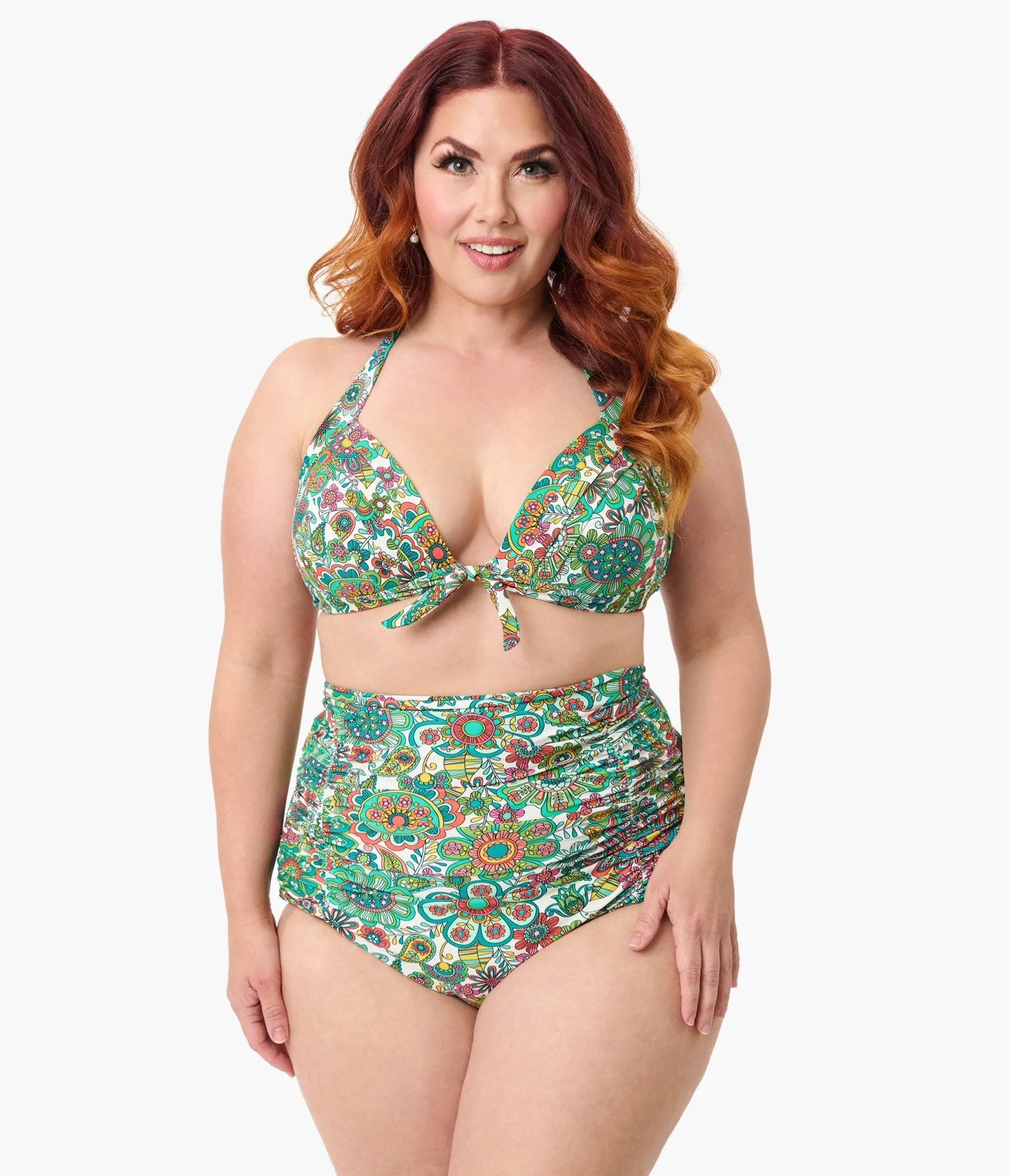 Unique Vintage Plus Size Green Kaleidoscope Monroe Halter Swim Top Beach Vacation Ready