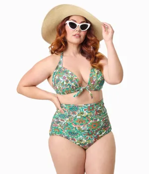 Unique Vintage Plus Size Green Kaleidoscope Monroe Swim Bottom Beach Vacation Ready