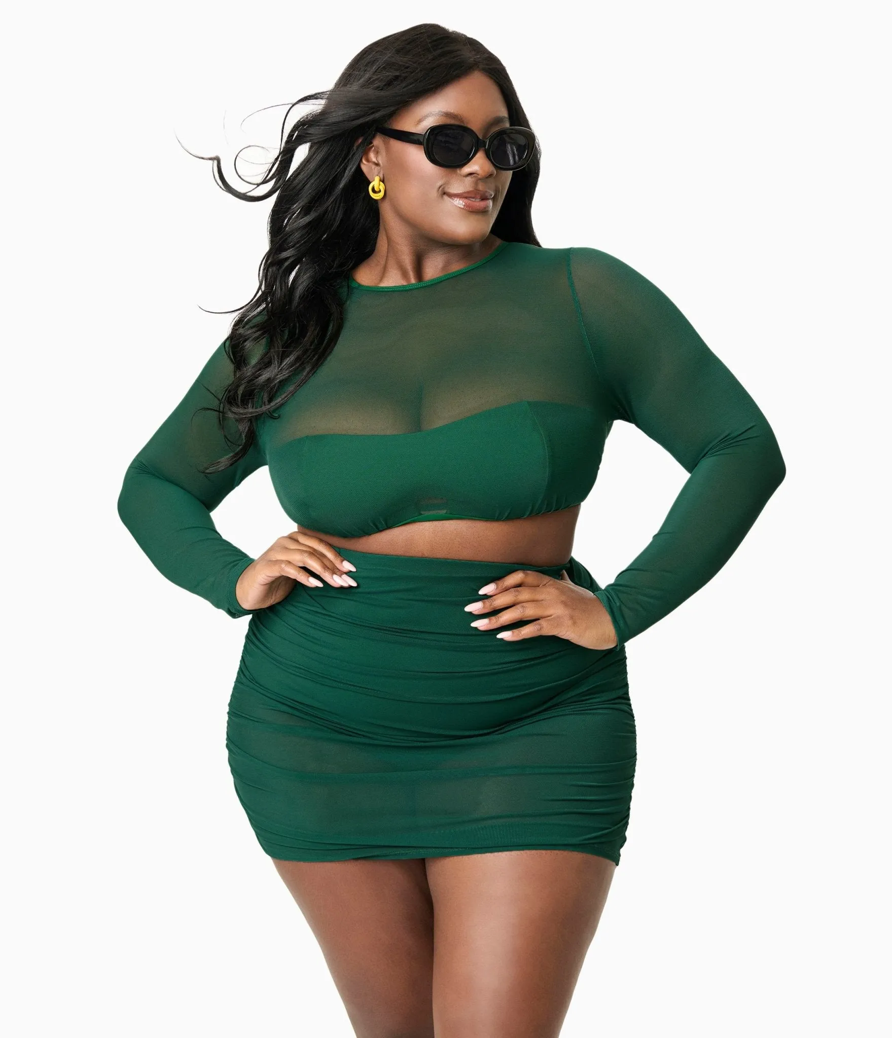 Unique Vintage Plus Size Green Mesh Long Sleeve Swim Top Beach Vacation Ready