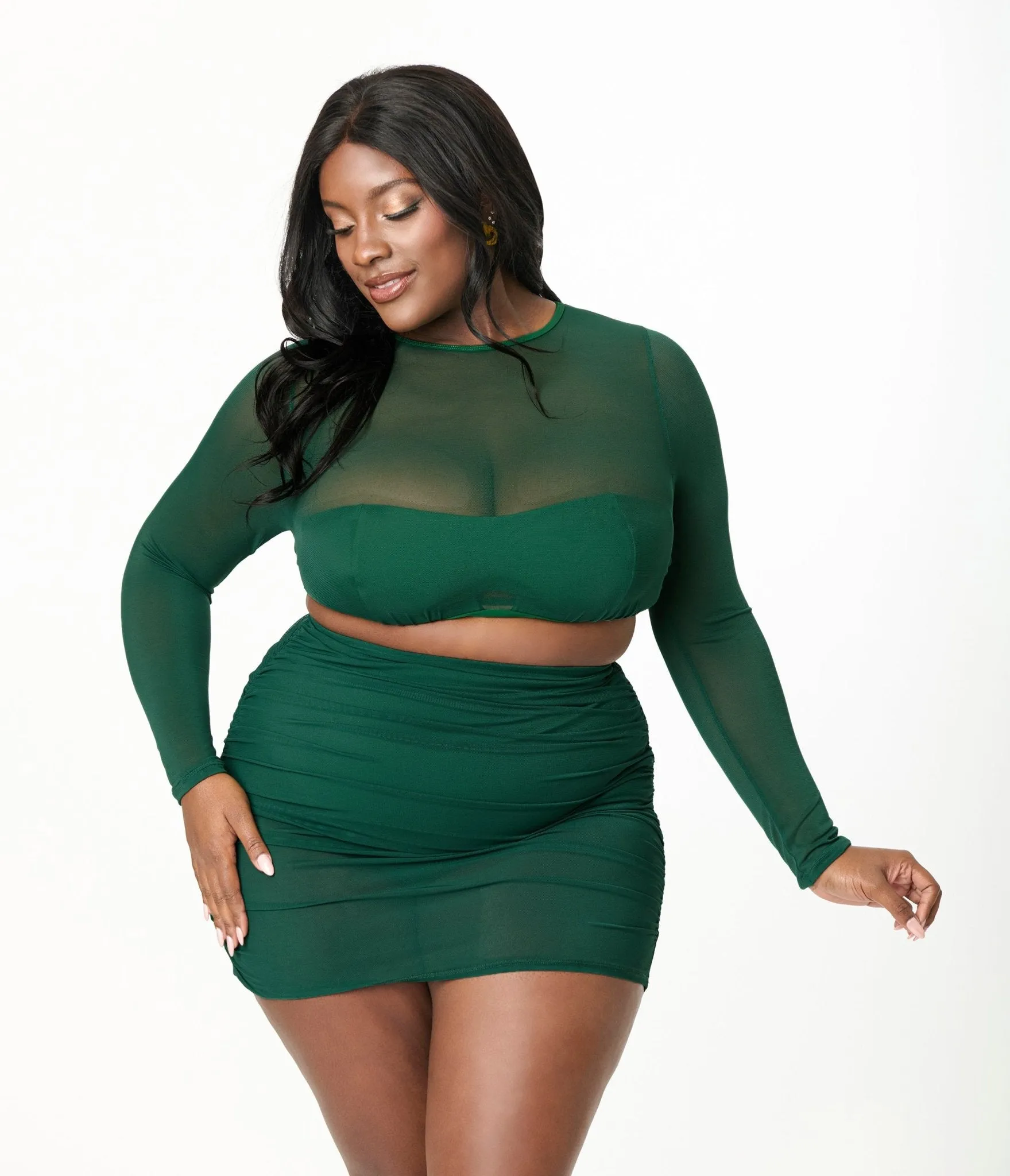 Unique Vintage Plus Size Green Mesh Long Sleeve Swim Top Beach Vacation Ready