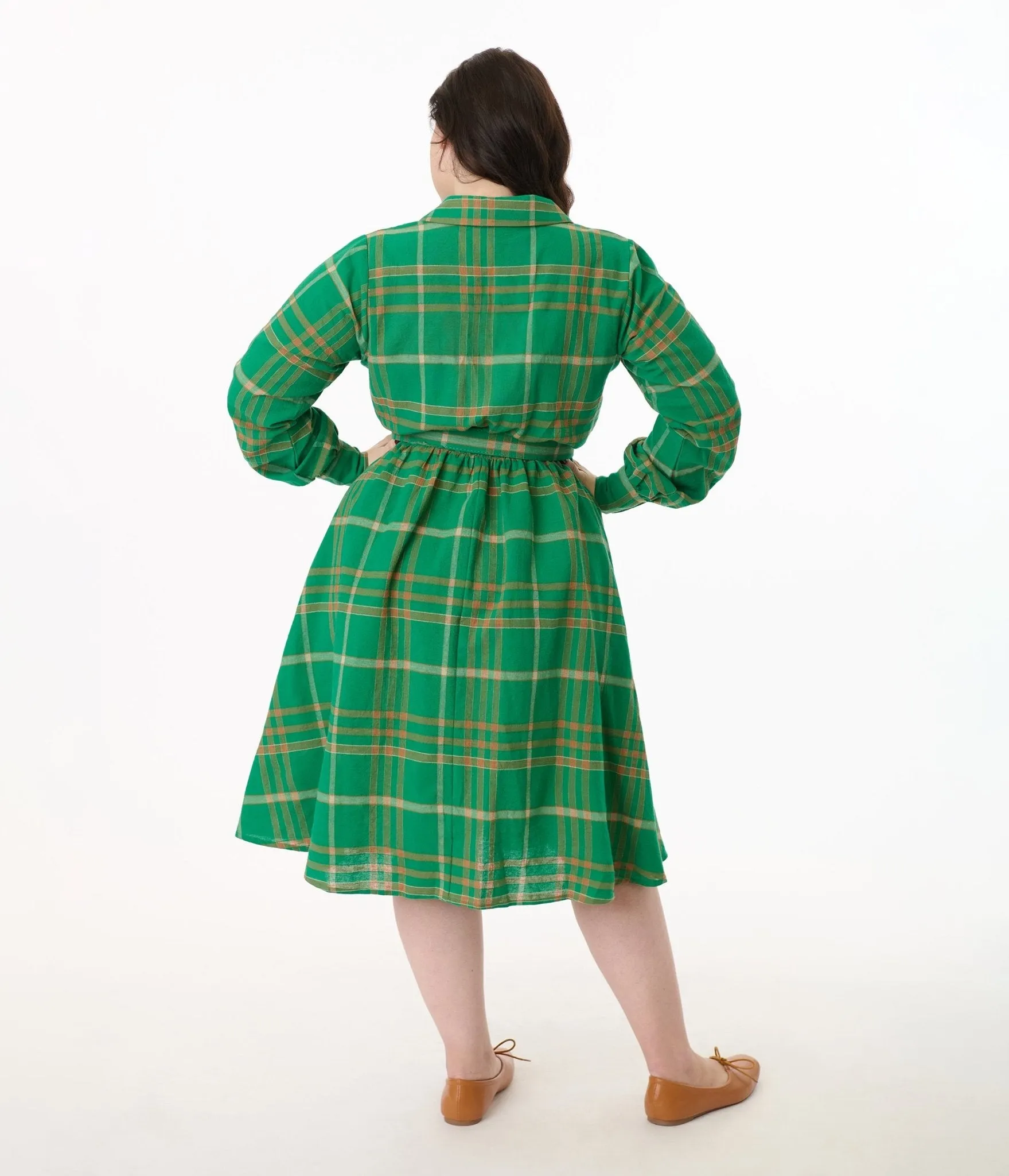 Unique Vintage Plus Size Green Plaid Belted Cotton Shirt Dress Casual Everyday Look