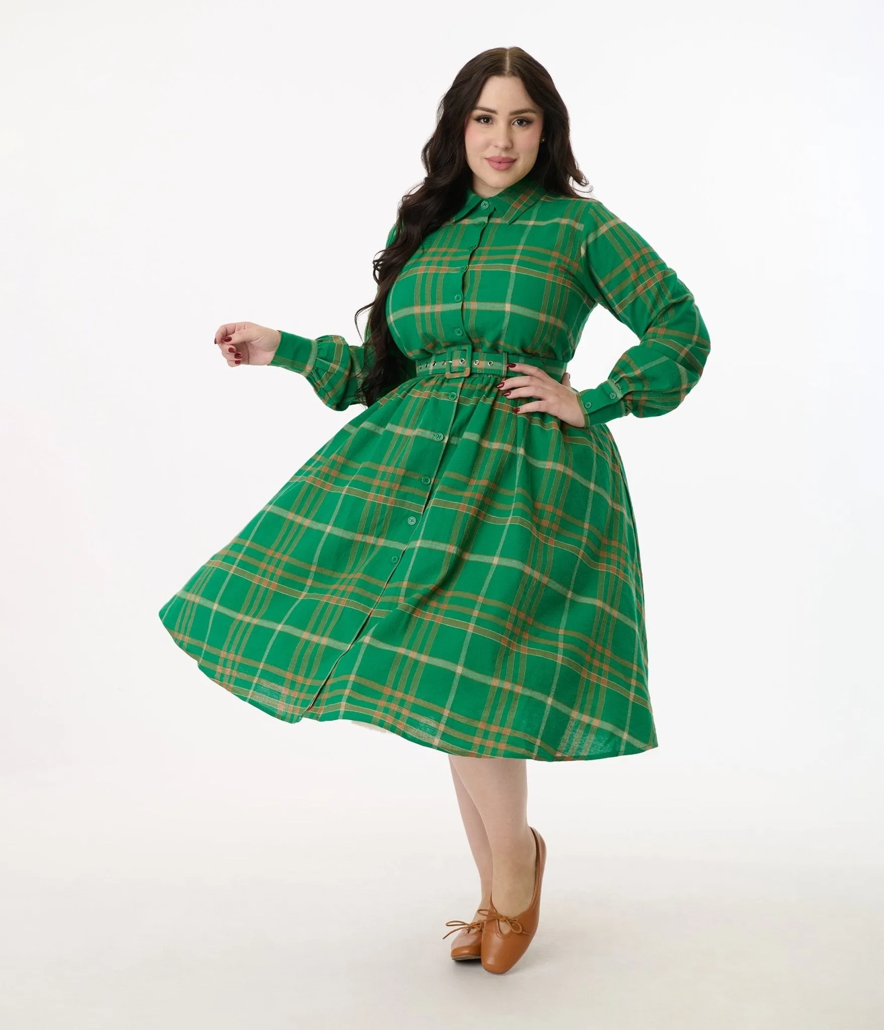 Unique Vintage Plus Size Green Plaid Belted Cotton Shirt Dress Casual Everyday Look
