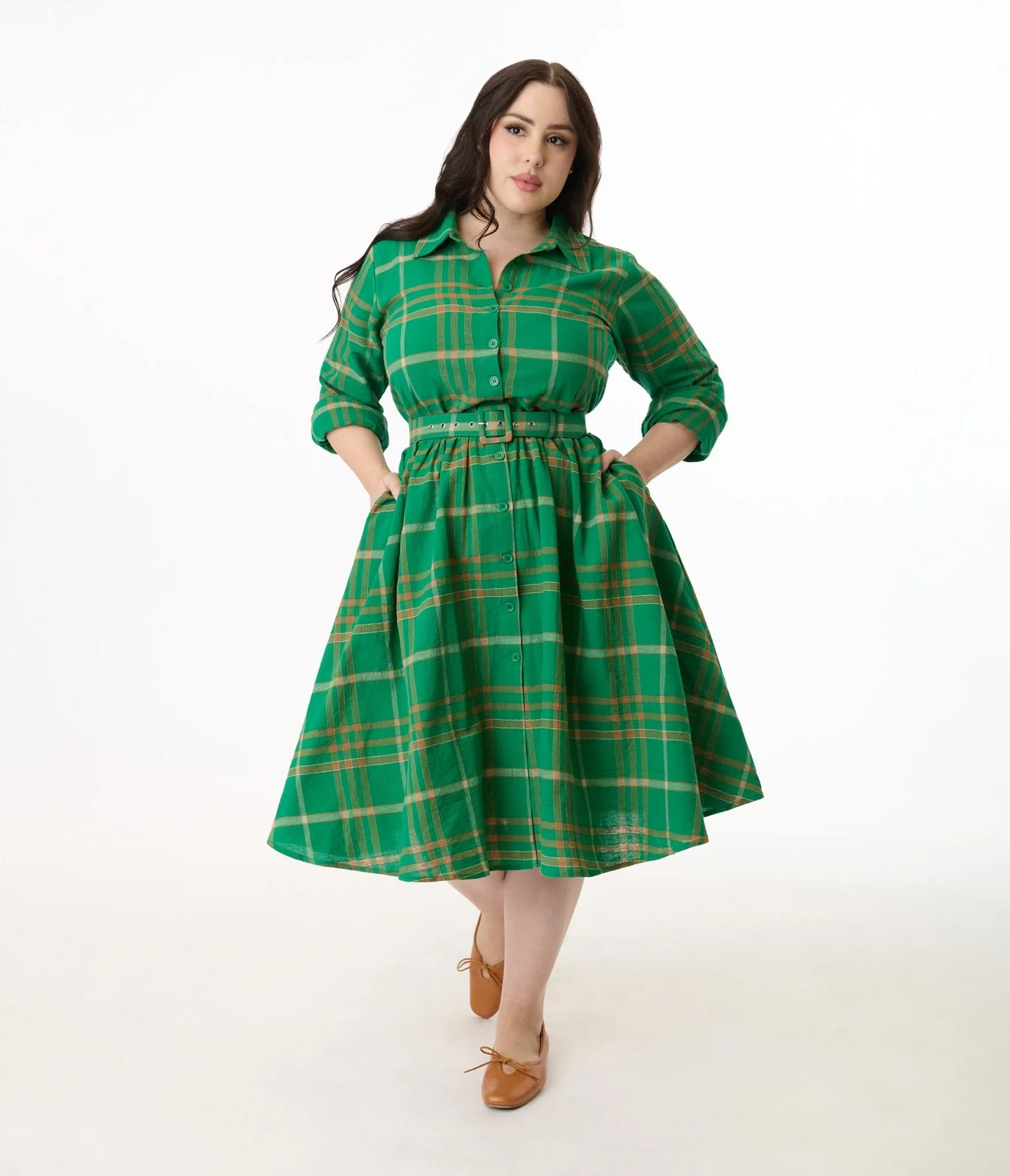 Unique Vintage Plus Size Green Plaid Belted Cotton Shirt Dress Casual Everyday Look