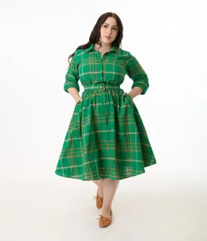 Unique Vintage Plus Size Green Plaid Belted Cotton Shirt Dress Casual Everyday Look