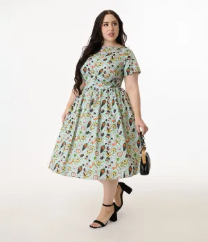Unique Vintage Plus Size Green Sushi Print Cotton Swing Dress Casual Everyday Look