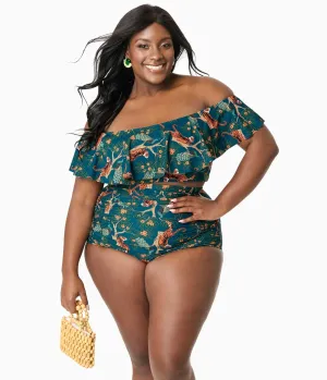 Unique Vintage Plus Size Green Tiger Print Ruffled Ramona Swim Top Beach Vacation Ready