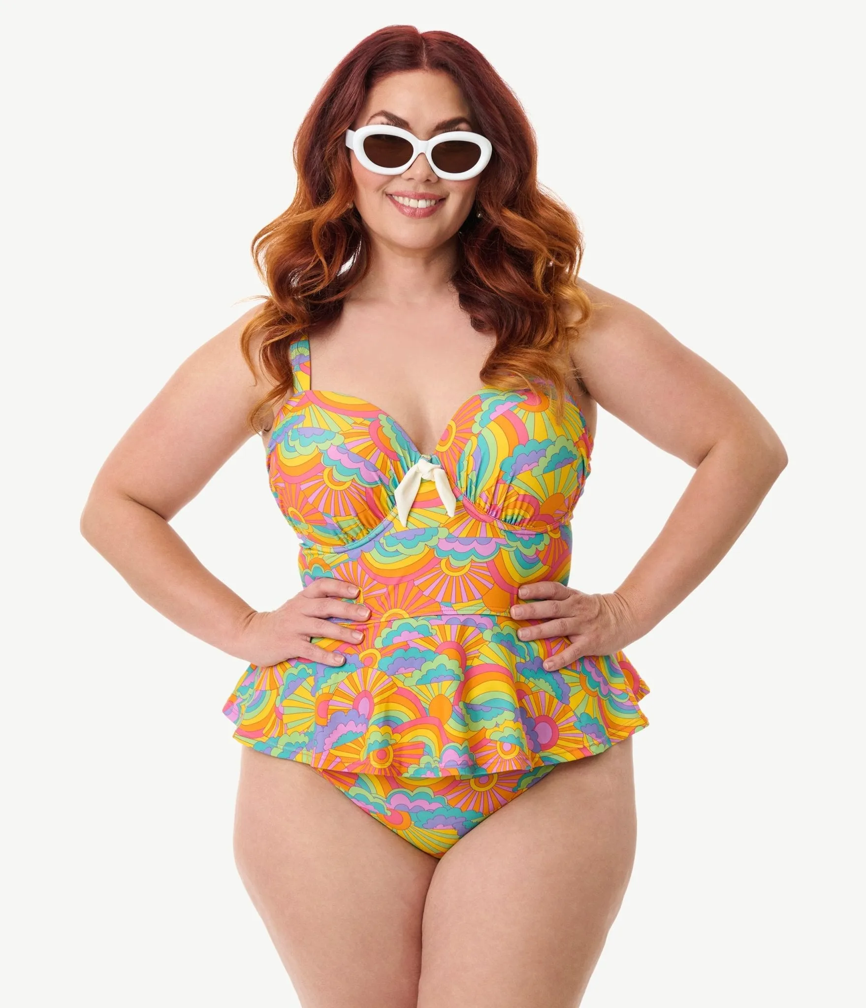 Unique Vintage Plus Size Happy Groovy Rainbow Solana Tankini Swim Top Beach Vacation Ready