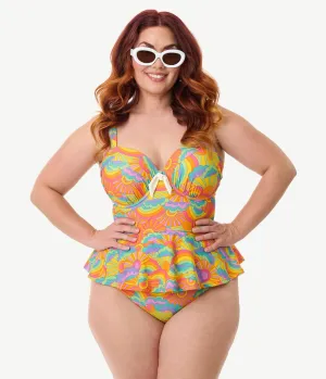 Unique Vintage Plus Size Happy Groovy Rainbow Solana Tankini Swim Top Beach Vacation Ready