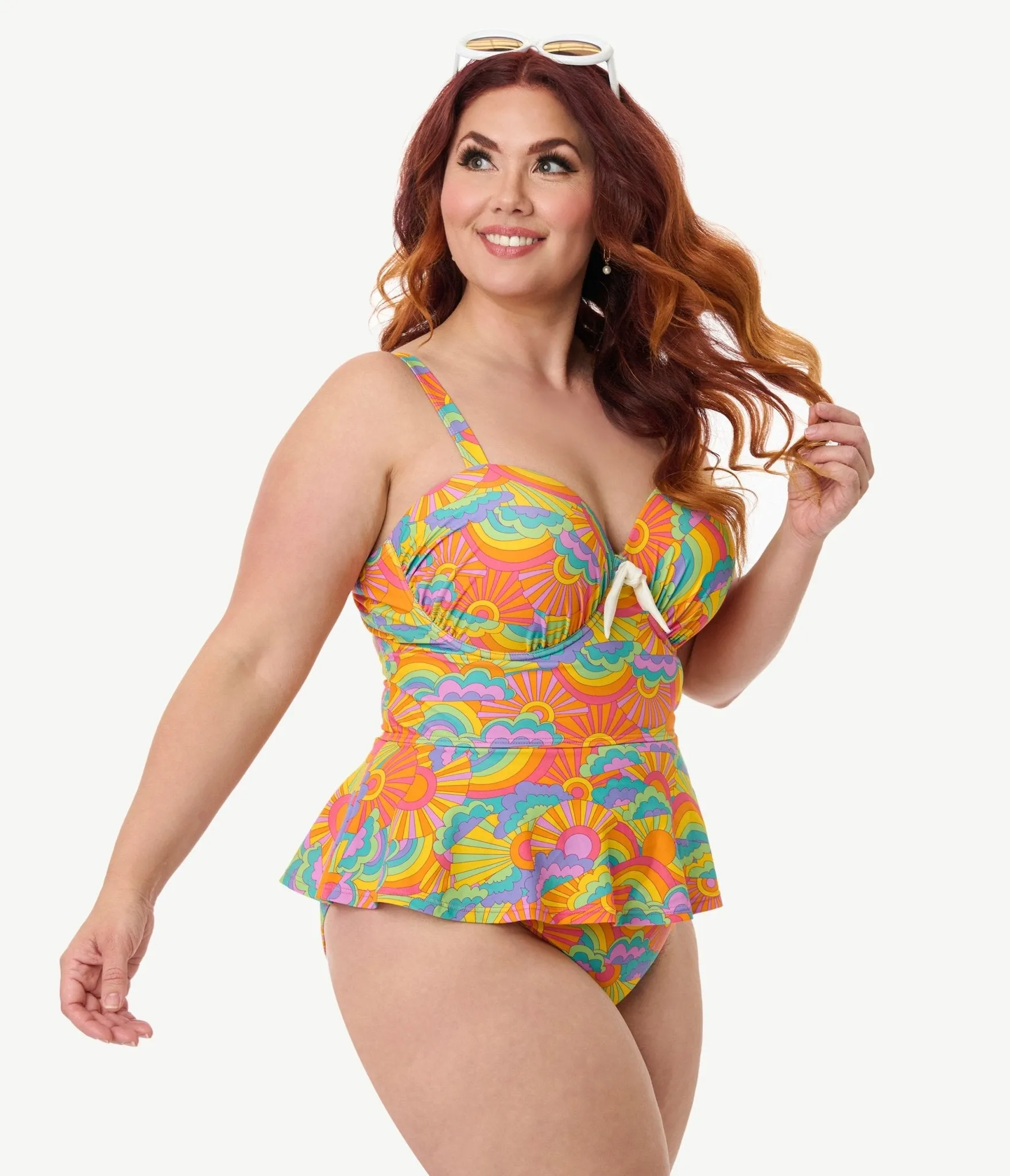 Unique Vintage Plus Size Happy Groovy Rainbow Solana Tankini Swim Top Beach Vacation Ready