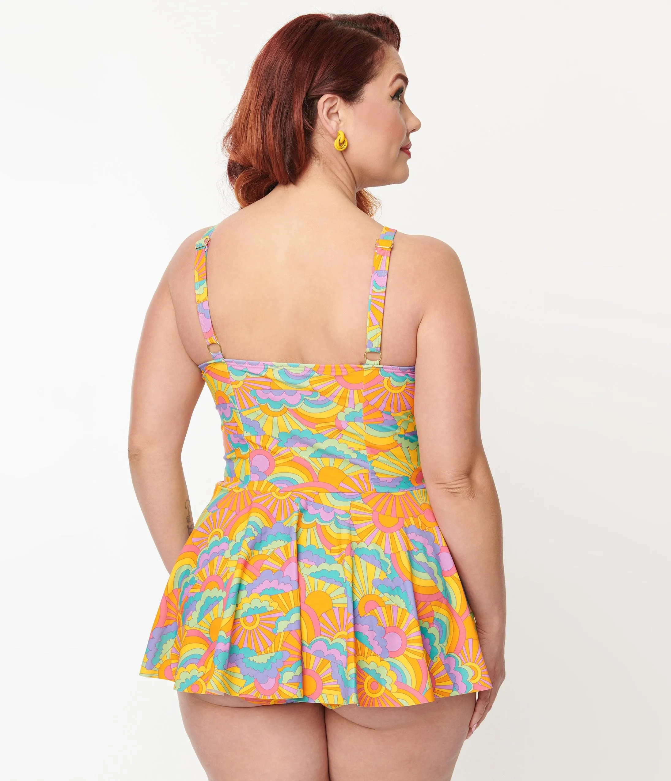 Unique Vintage Plus Size Happy Groovy Rainbows Skirted One Piece Swimsuit Beach Vacation Ready