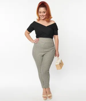 Unique Vintage Plus Size Ivory & Black Gingham Rizzo Cigarette Pants Comfortable Travel Wear