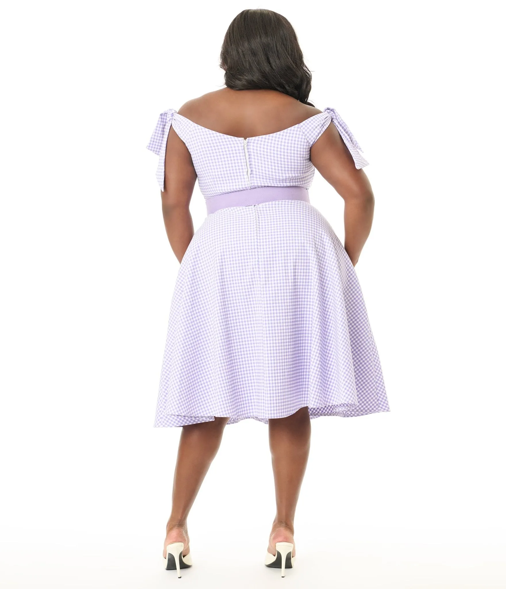 Unique Vintage Plus Size Lavender & White Gingham Off The Shoulder Swing Dress Casual Everyday Look