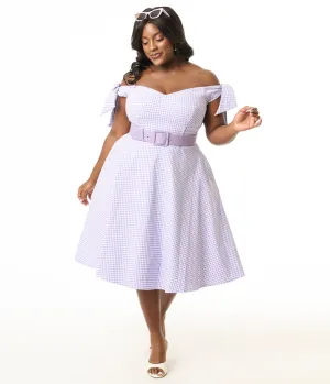 Unique Vintage Plus Size Lavender & White Gingham Off The Shoulder Swing Dress Casual Everyday Look