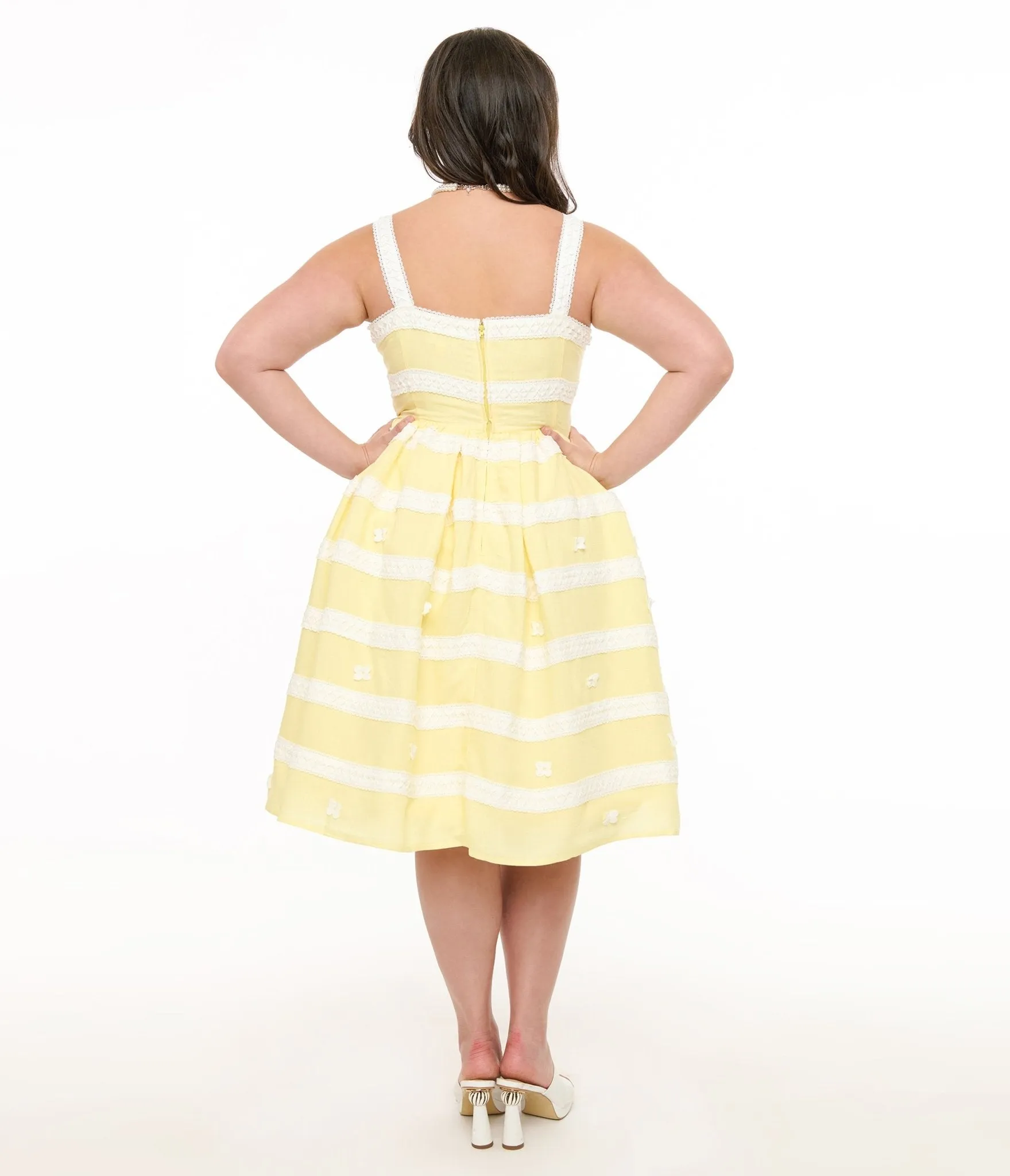 Unique Vintage Plus Size Lemon Merengue & White Lace Sundress Casual Everyday Look