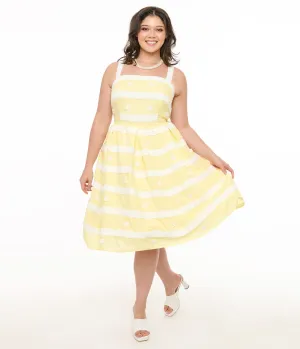 Unique Vintage Plus Size Lemon Merengue & White Lace Sundress Casual Everyday Look