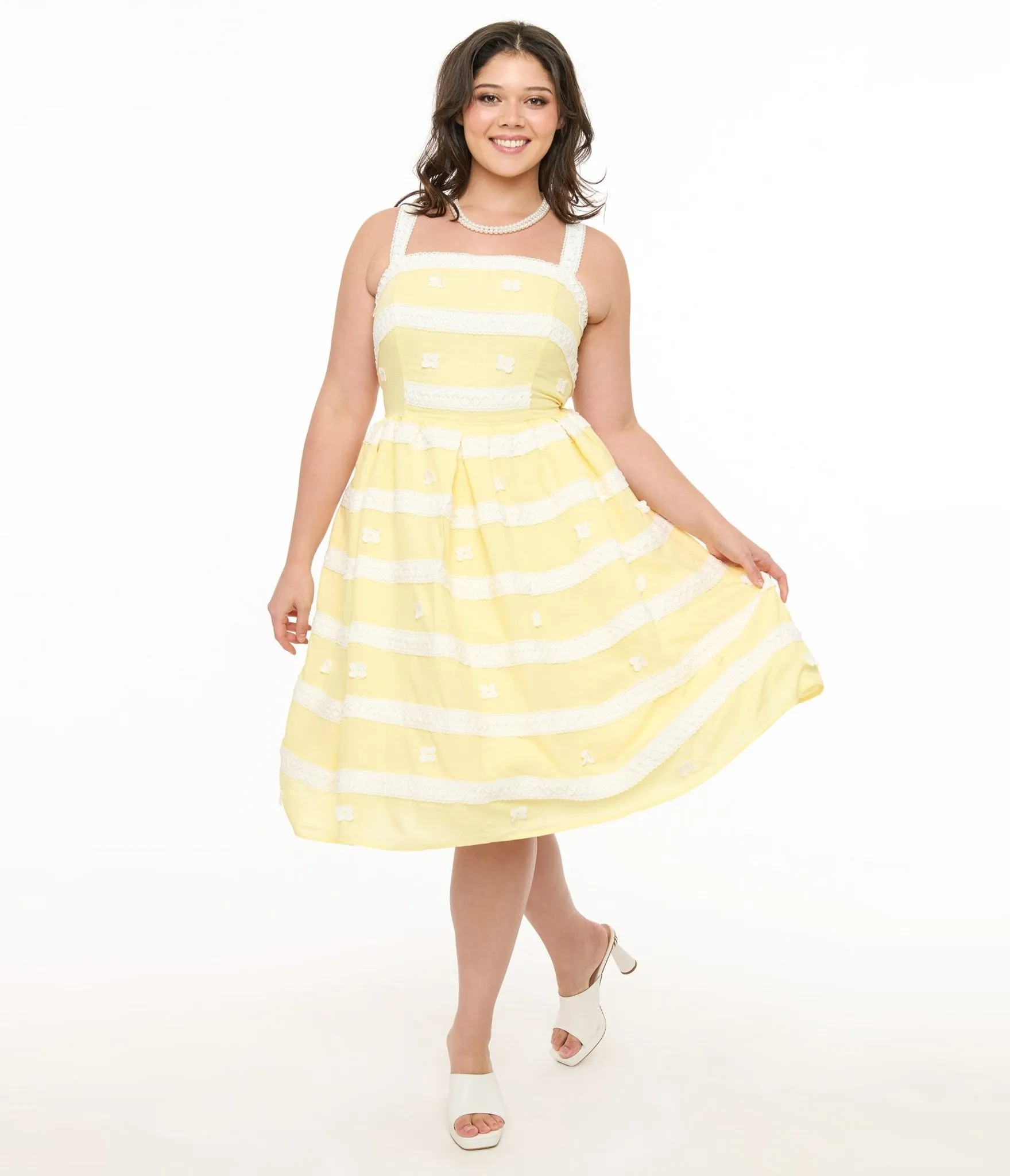 Unique Vintage Plus Size Lemon Merengue & White Lace Sundress Casual Everyday Look