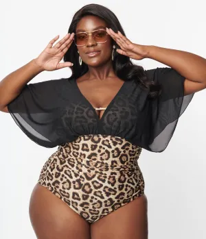 Unique Vintage Plus Size Leopard & Black Mesh Sleeved Torrey Swimsuit Beach Vacation Ready