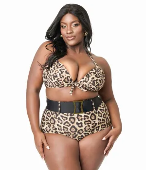 Unique Vintage Plus Size Leopard Print Monroe Halter Swim Top Beach Vacation Ready