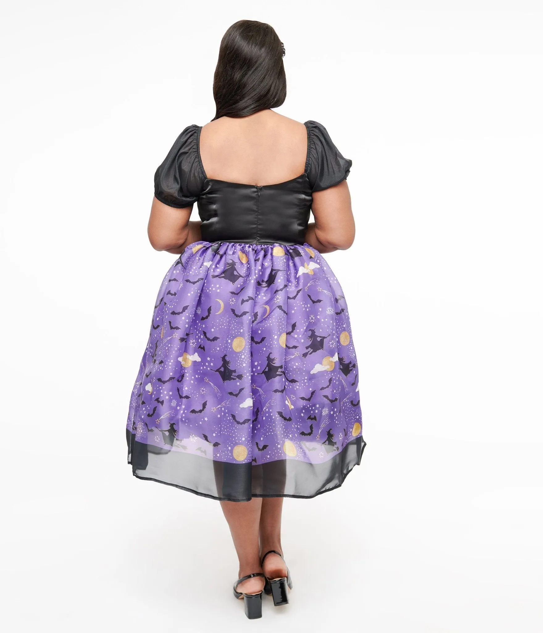 Unique Vintage Plus Size Light Up 1950s Black & Purple Witch Swing Dress Casual Everyday Look