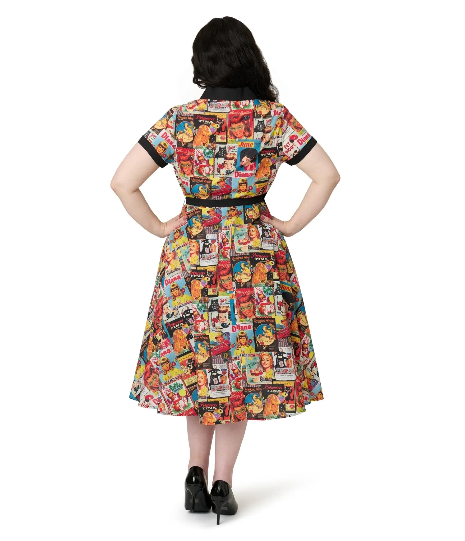Unique Vintage Plus Size Magazine Print Alexis Swing Dress Casual Everyday Look