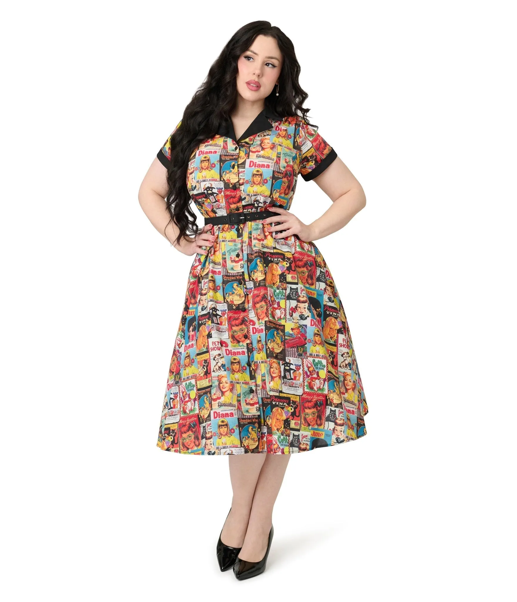 Unique Vintage Plus Size Magazine Print Alexis Swing Dress Casual Everyday Look
