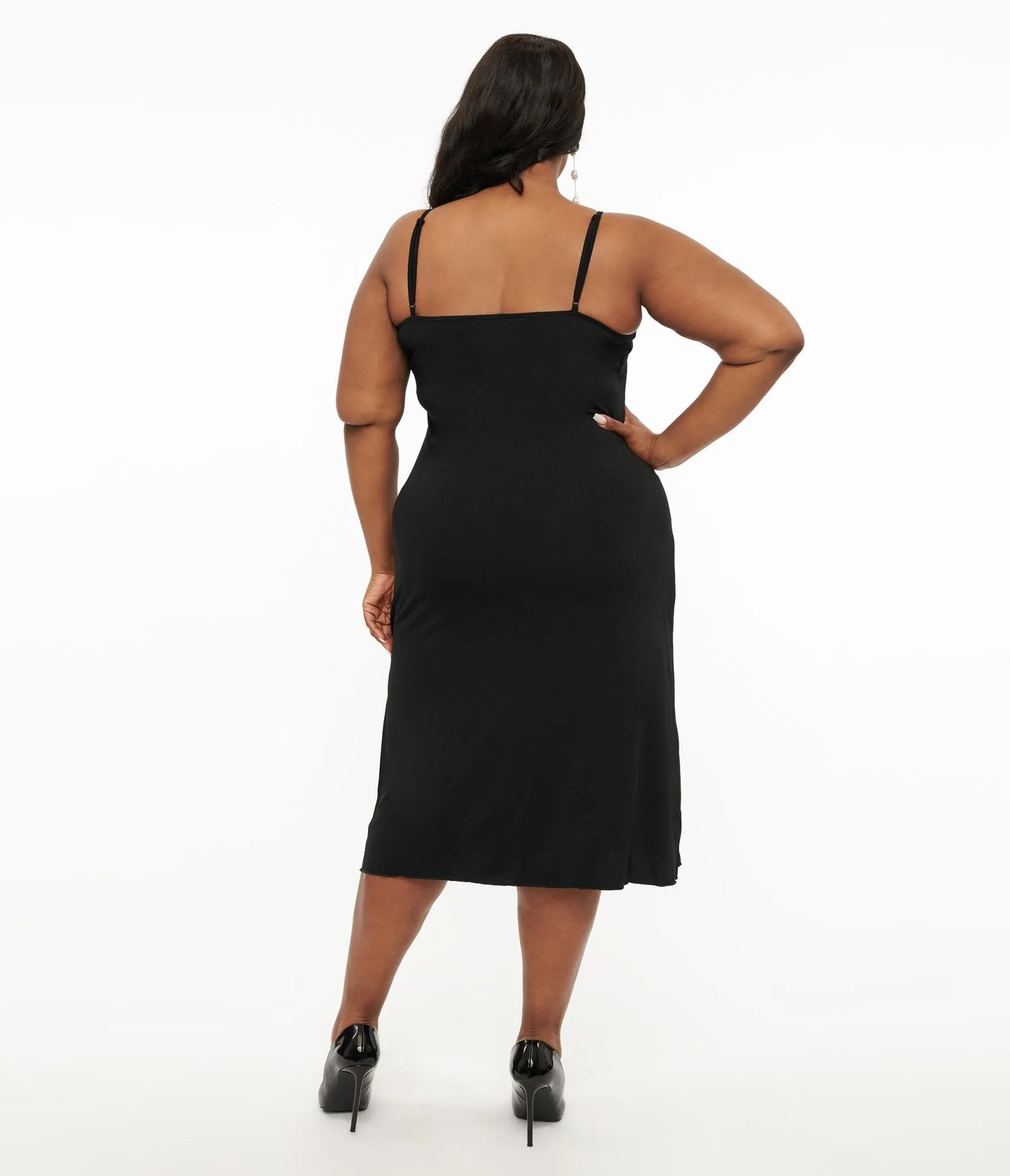 Unique Vintage Plus Size Midi Length Black Stretch Slip Party Look