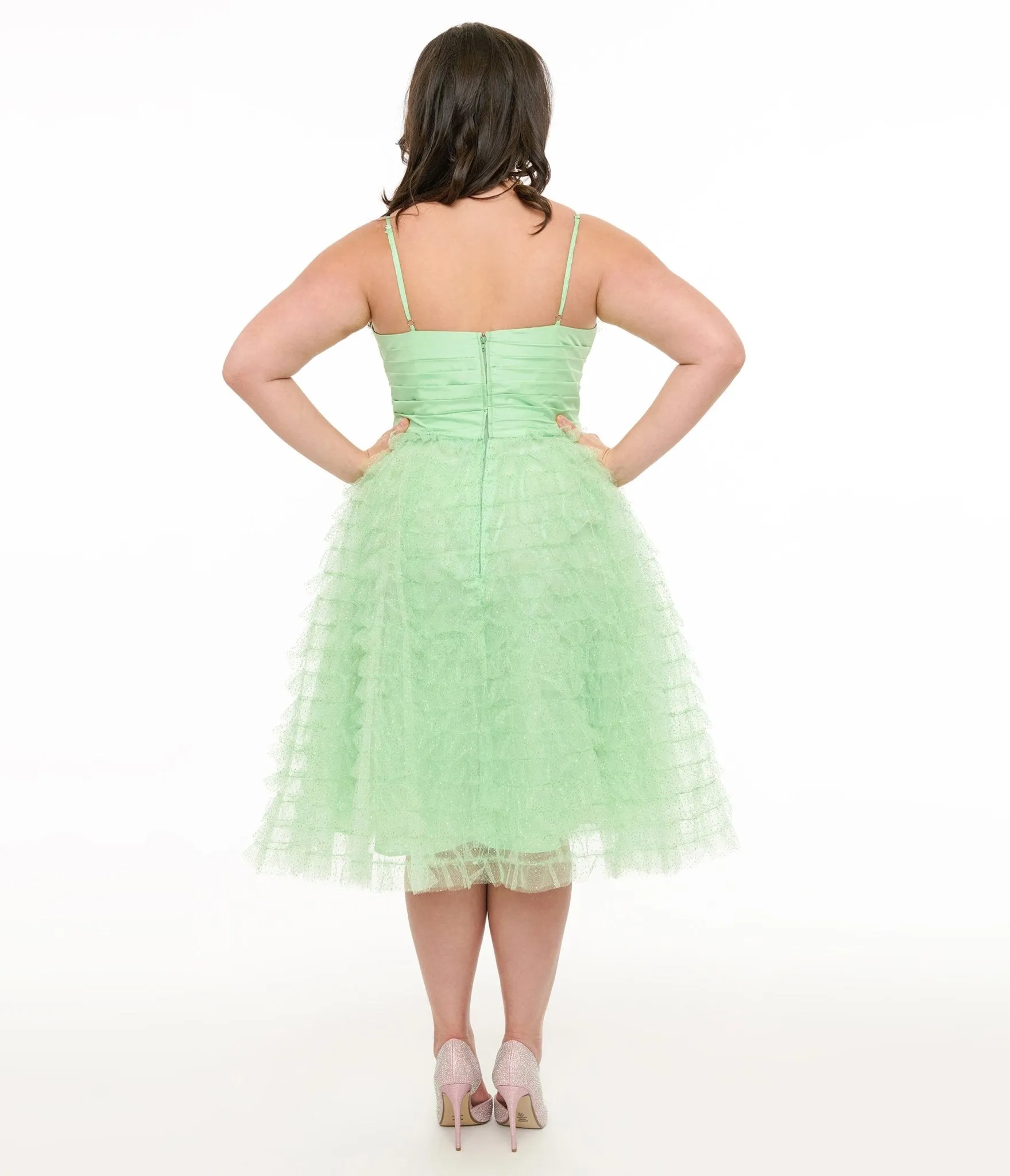 Unique Vintage Plus Size Mint Green Glitter Tulle Cupcake Swing Dress Casual Everyday Look