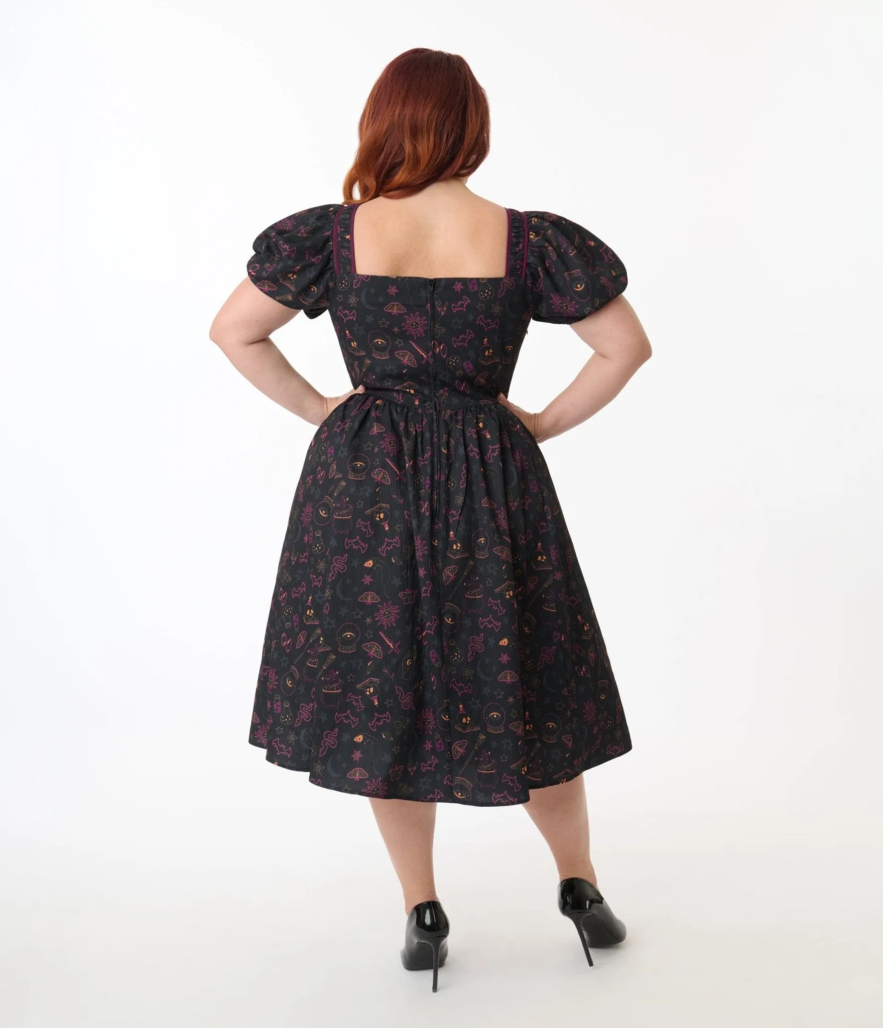 Unique Vintage Plus Size Mystical Icons Button Front Swing Dress Casual Everyday Look